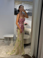Arabic Purple Floral Sequins Embroidery Mermaid Evening Dress Strapless With Cape Corset Back For Women Occasion Party CLA73538A