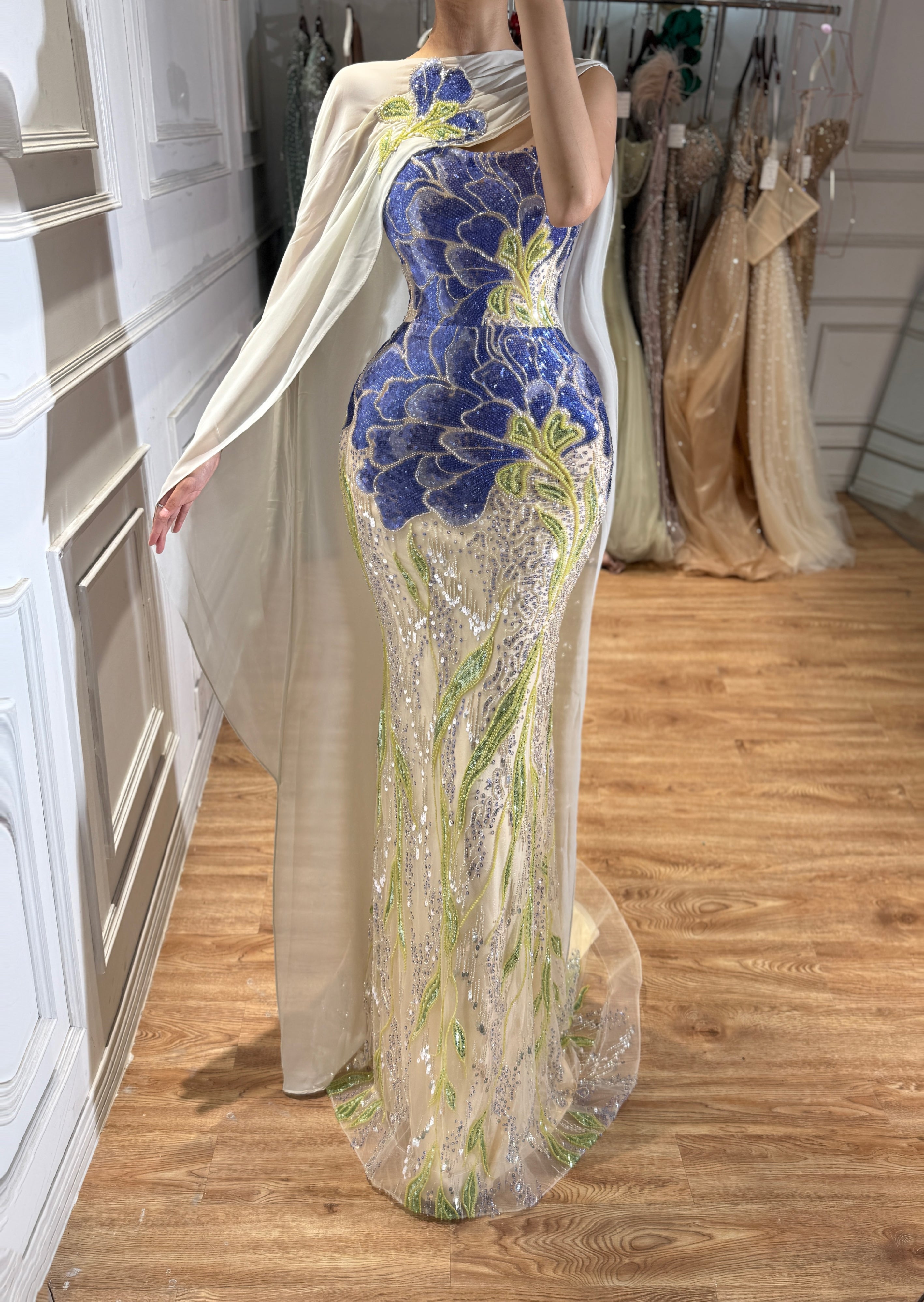 Arabic Purple Floral Sequins Embroidery Mermaid Evening Dress Strapless With Cape Corset Back For Women Occasion Party CLA73538A