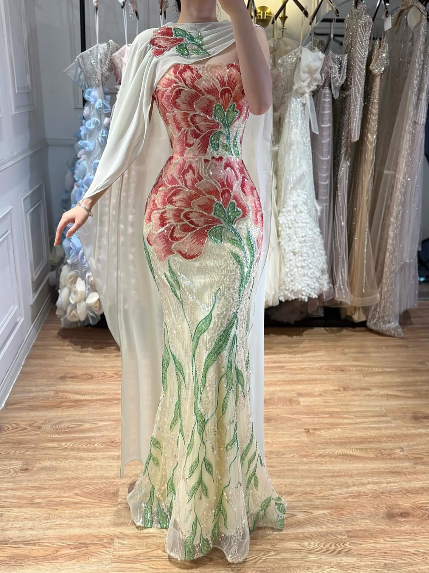 Arabic Purple Floral Sequins Embroidery Mermaid Evening Dress Strapless With Cape Corset Back For Women Occasion Party CLA73538A