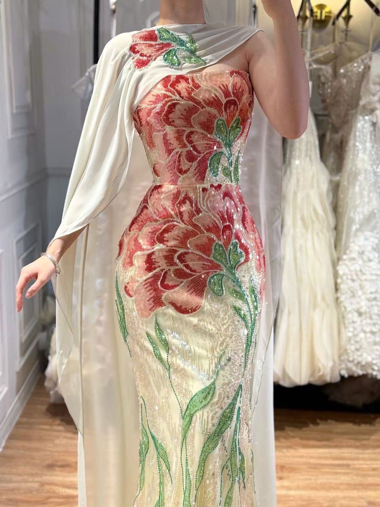 Arabic Purple Floral Sequins Embroidery Mermaid Evening Dress Strapless With Cape Corset Back For Women Occasion Party CLA73538A