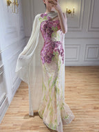Arabic Purple Floral Sequins Embroidery Mermaid Evening Dress Strapless With Cape Corset Back For Women Occasion Party CLA73538A