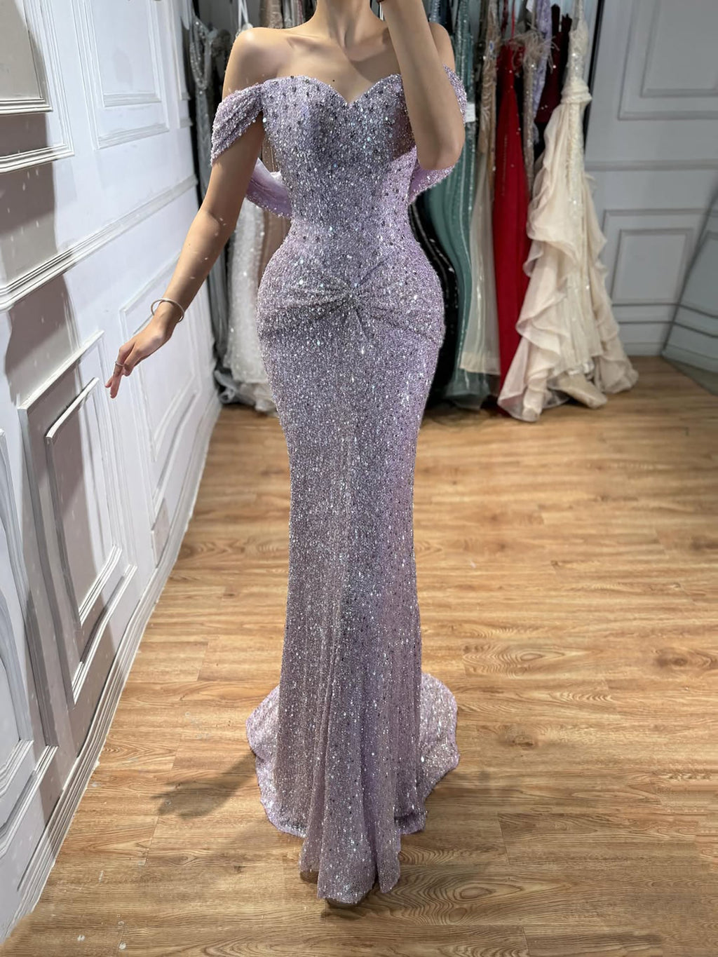 Luxury Purple Crystal Beaded Mermaid Evening Dress with Sleeves CLA73539