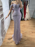 Luxury Purple Crystal Beaded Mermaid Evening Dress with Sleeves CLA73539