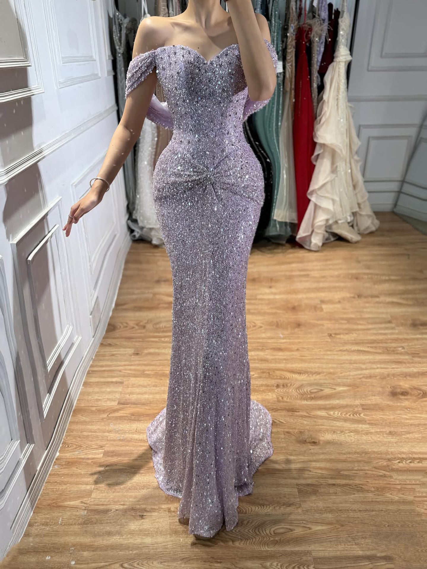 Luxury Purple Crystal Beaded Mermaid Evening Dress with Sleeves CLA73539