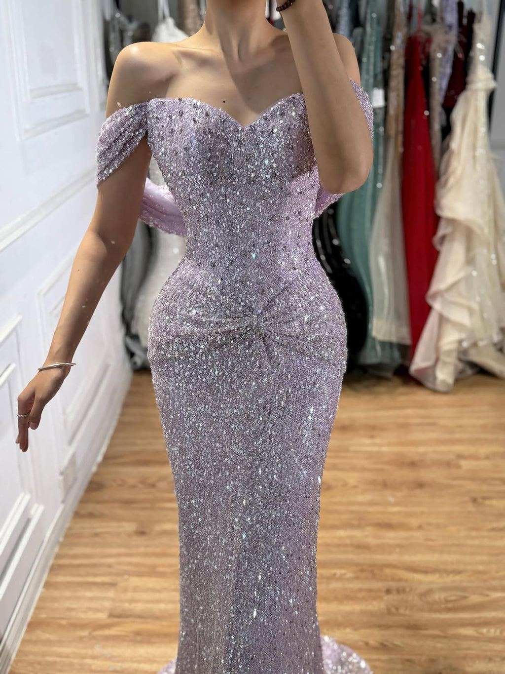 Luxury Purple Crystal Beaded Mermaid Evening Dress with Sleeves CLA73539