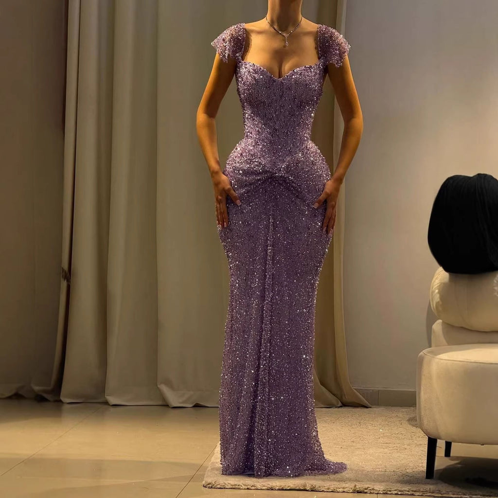 Luxury Purple Crystal Beaded Mermaid Evening Dress with Sleeves LA73539