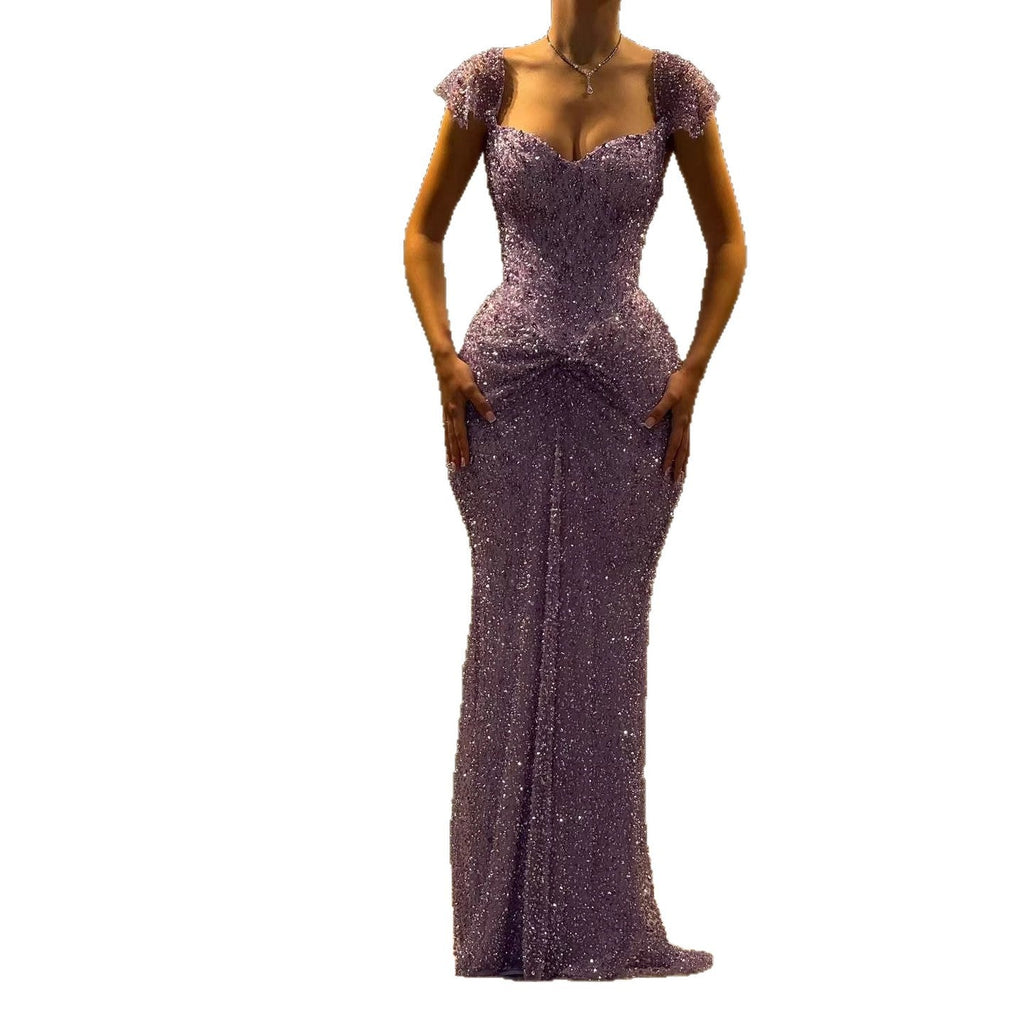 Luxury Purple Crystal Beaded Mermaid Evening Dress with Sleeves LA73539
