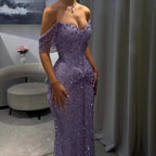 Luxury Purple Crystal Beaded Mermaid Evening Dress with Sleeves LA73539