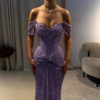 Luxury Purple Crystal Beaded Mermaid Evening Dress with Sleeves LA73539