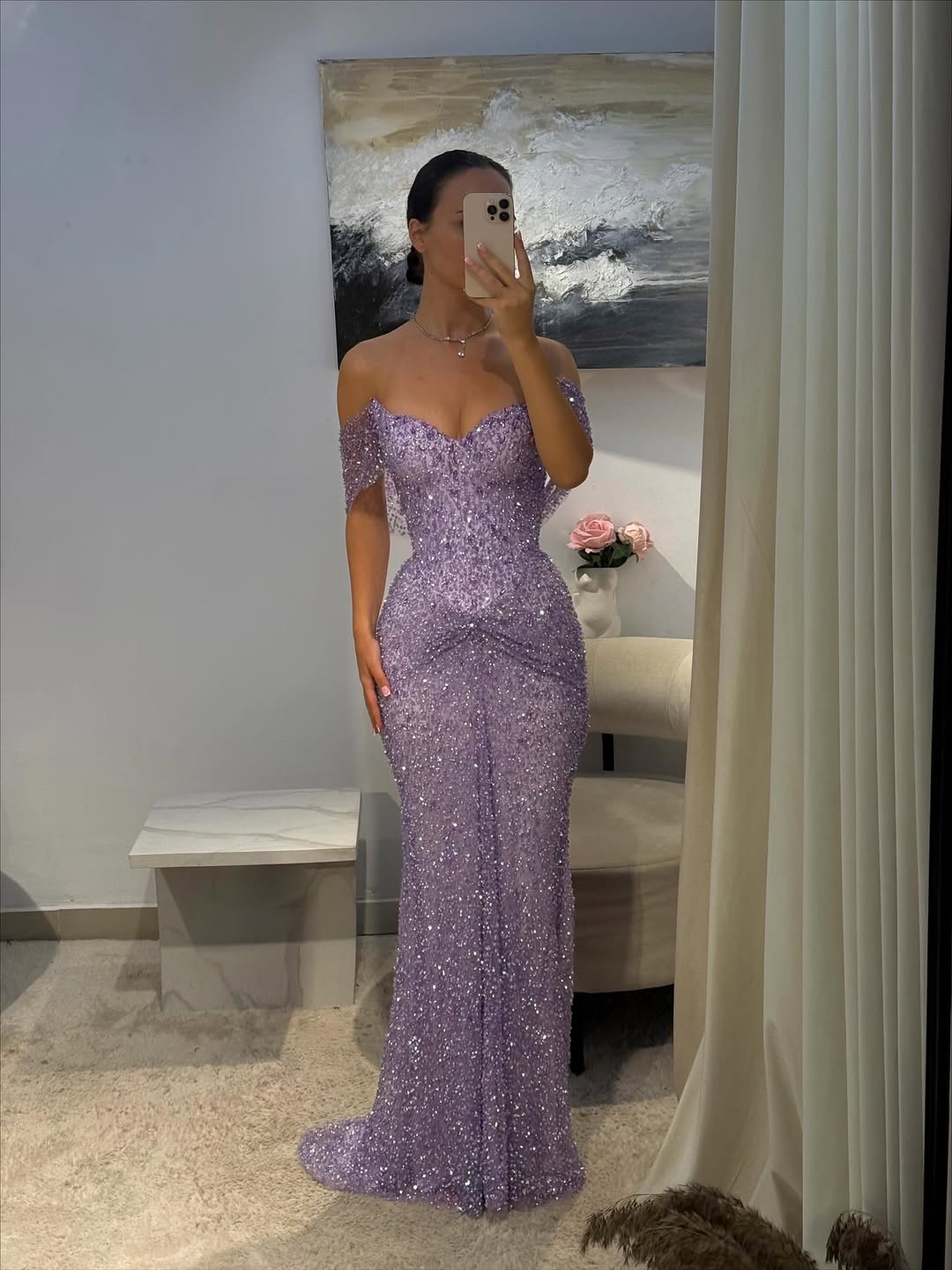 Luxury Purple Crystal Beaded Mermaid Evening Dress with Sleeves LA73539