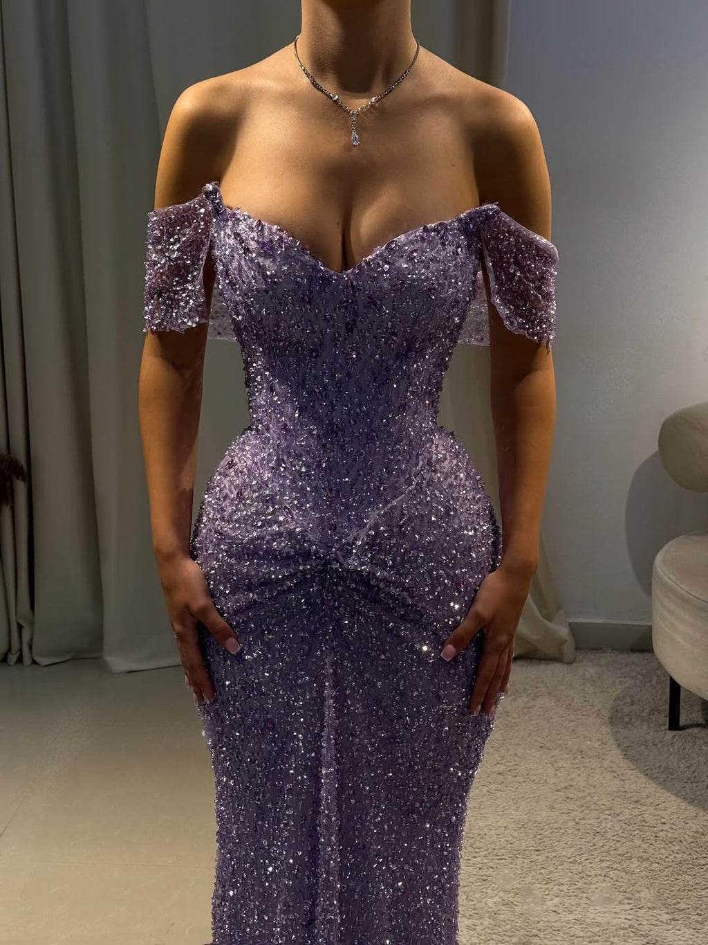Luxury Purple Crystal Beaded Mermaid Evening Dress with Sleeves LA73539