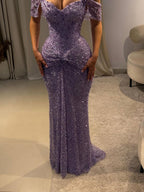 Luxury Purple Crystal Beaded Mermaid Evening Dress with Sleeves LA73539