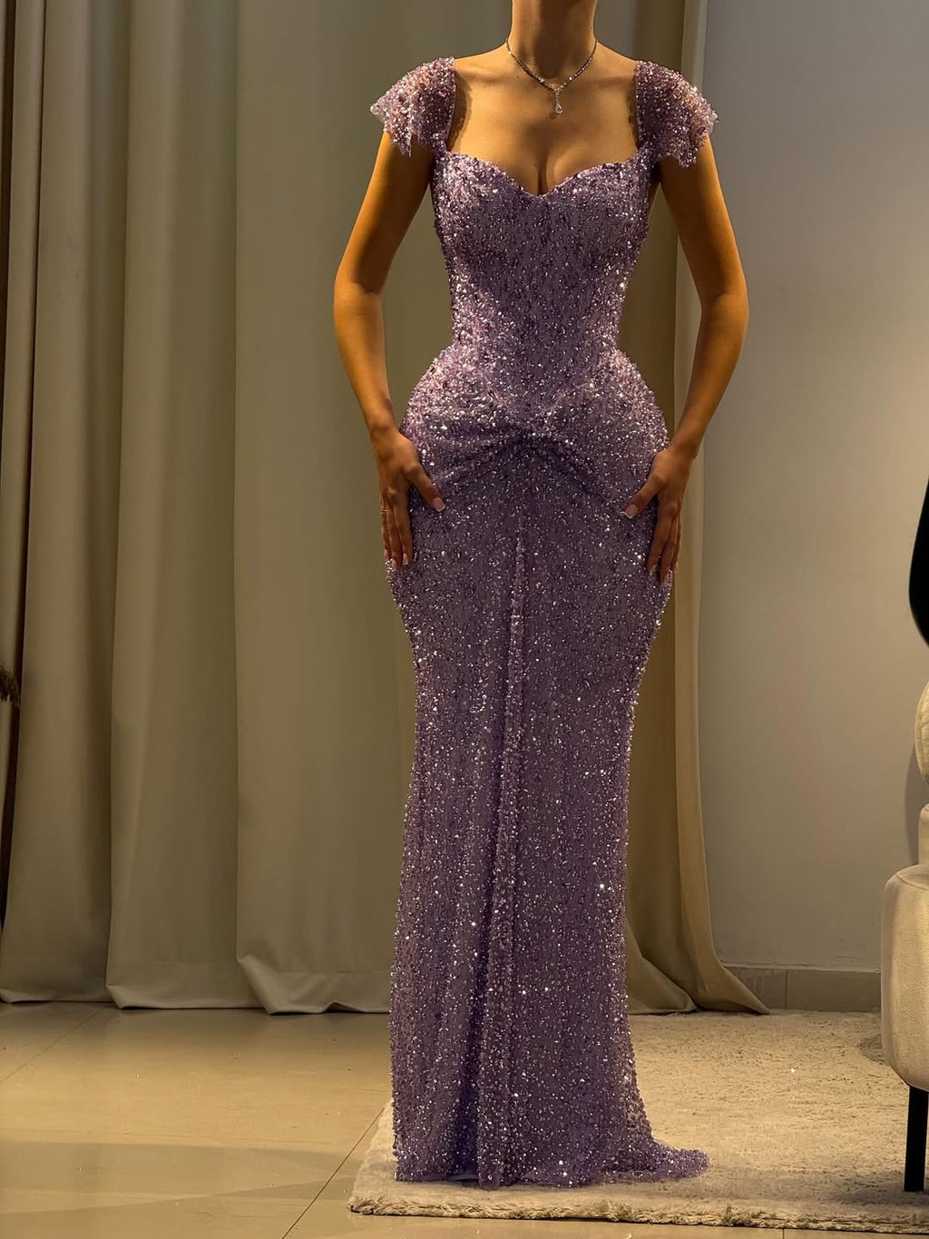Luxury Purple Crystal Beaded Mermaid Evening Dress with Sleeves LA73539