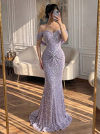 Luxury Purple Crystal Beaded Mermaid Evening Dress with Sleeves CLA73539