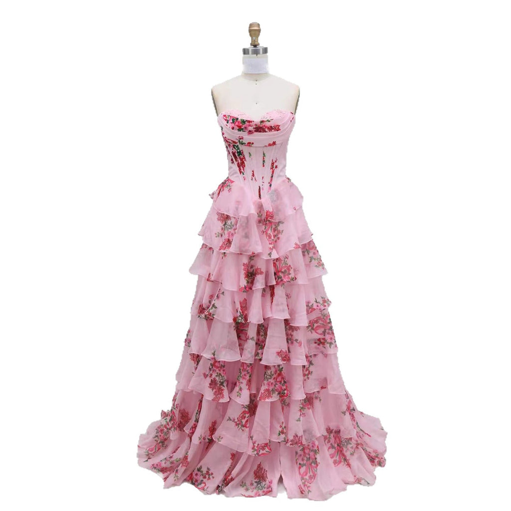 Luxury Pink Floral Print Corset Ruffle A-Line Prom Dress LA73541