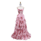 Luxury Pink Floral Print Corset Ruffle A-Line Prom Dress LA73541