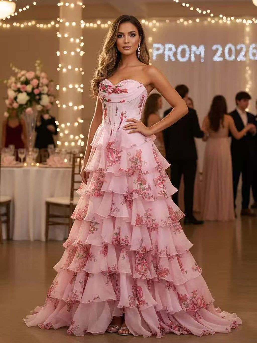 Luxury Pink Floral Print Corset Ruffle A-Line Prom Dress LA73541