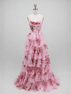 Luxury Pink Floral Print Corset Ruffle A-Line Prom Dress LA73541