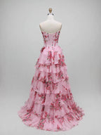 Luxury Pink Floral Print Corset Ruffle A-Line Prom Dress LA73541
