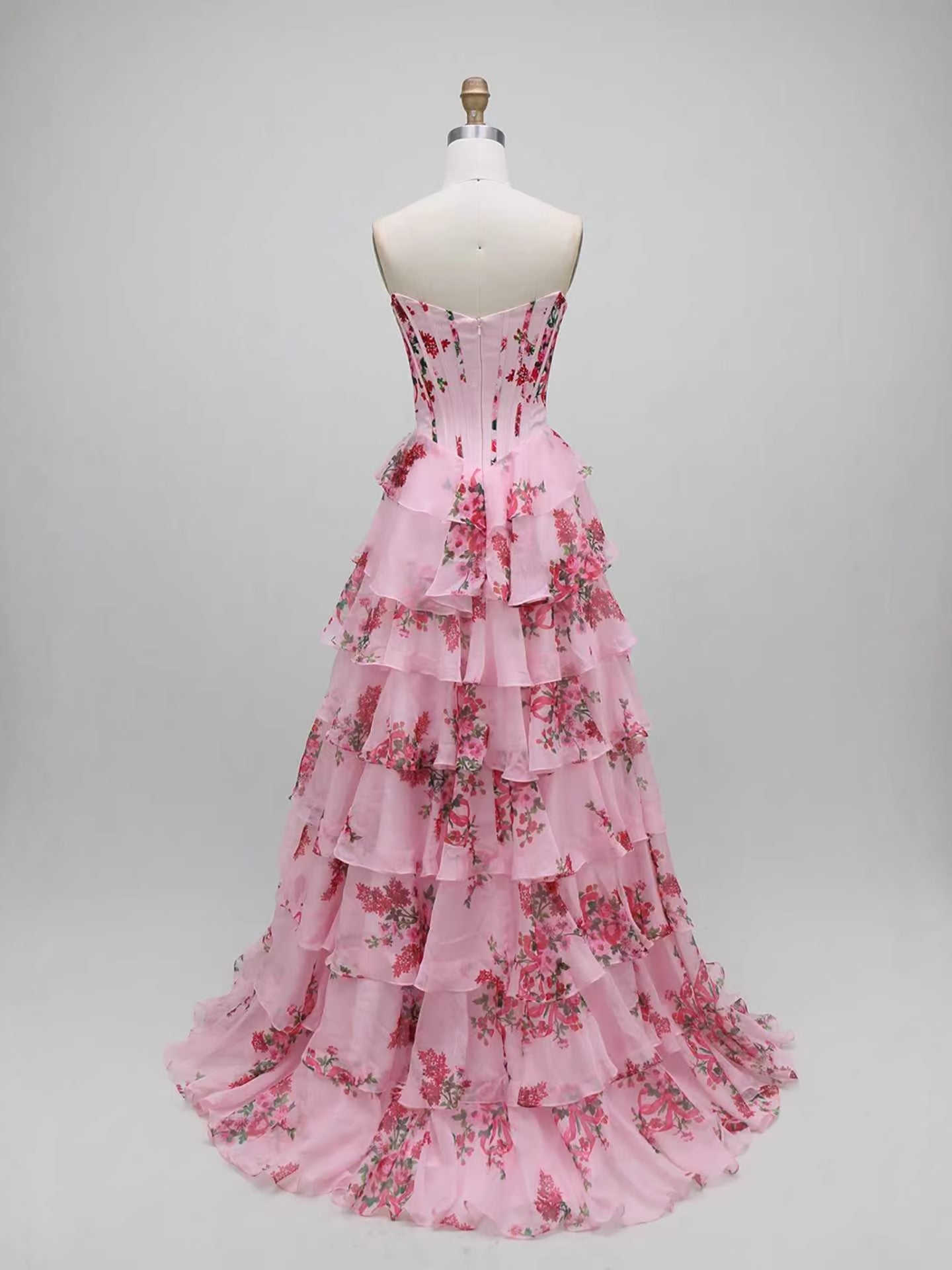 Luxury Pink Floral Print Corset Ruffle A-Line Prom Dress LA73541