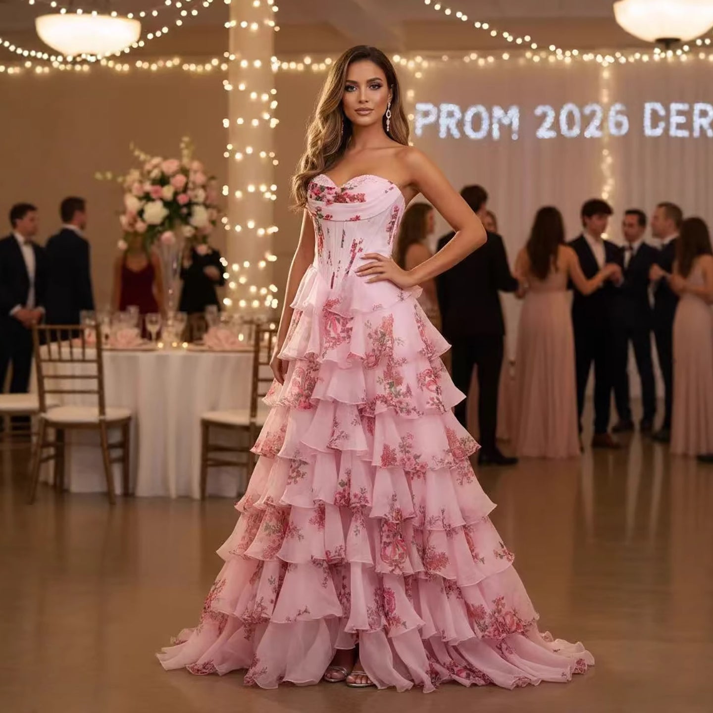 Luxury Pink Floral Print Corset Ruffle A-Line Prom Dress LA73541