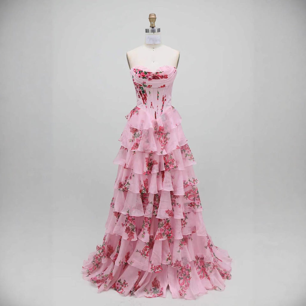 Luxury Pink Floral Print Corset Ruffle A-Line Prom Dress LA73541