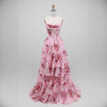 Luxury Pink Floral Print Corset Ruffle A-Line Prom Dress LA73541