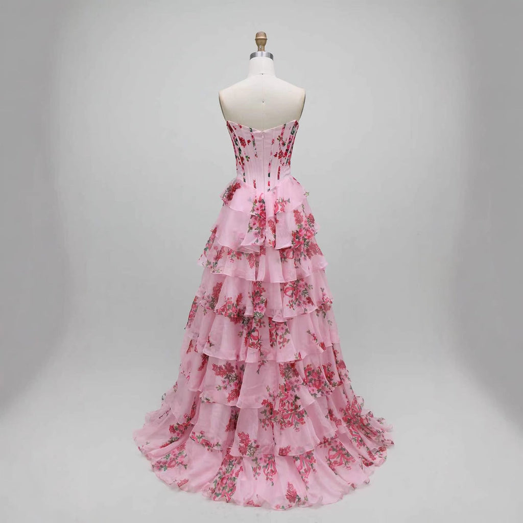 Luxury Pink Floral Print Corset Ruffle A-Line Prom Dress LA73541