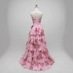 Luxury Pink Floral Print Corset Ruffle A-Line Prom Dress LA73541