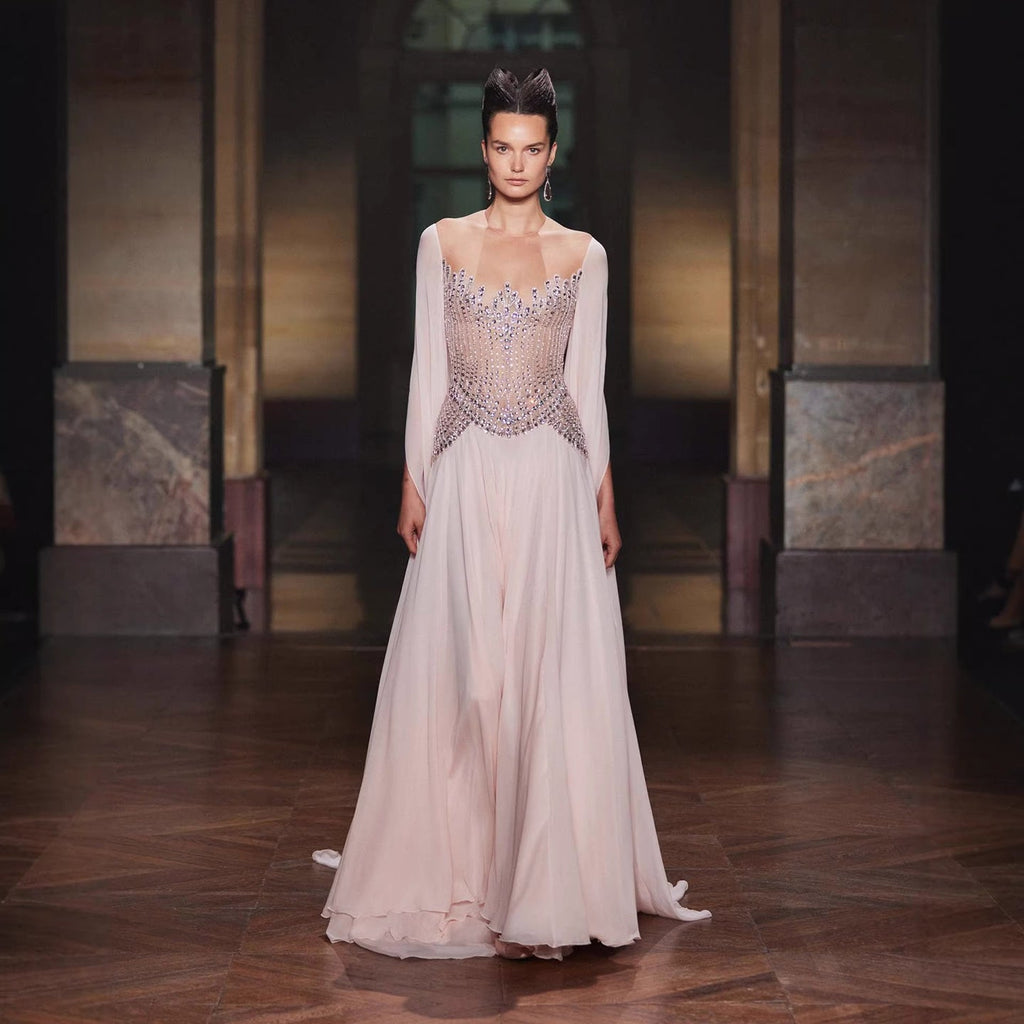 Luxury Nude Pink Crystal Beaded Evening Dress With Cape Sleeves CLA73543