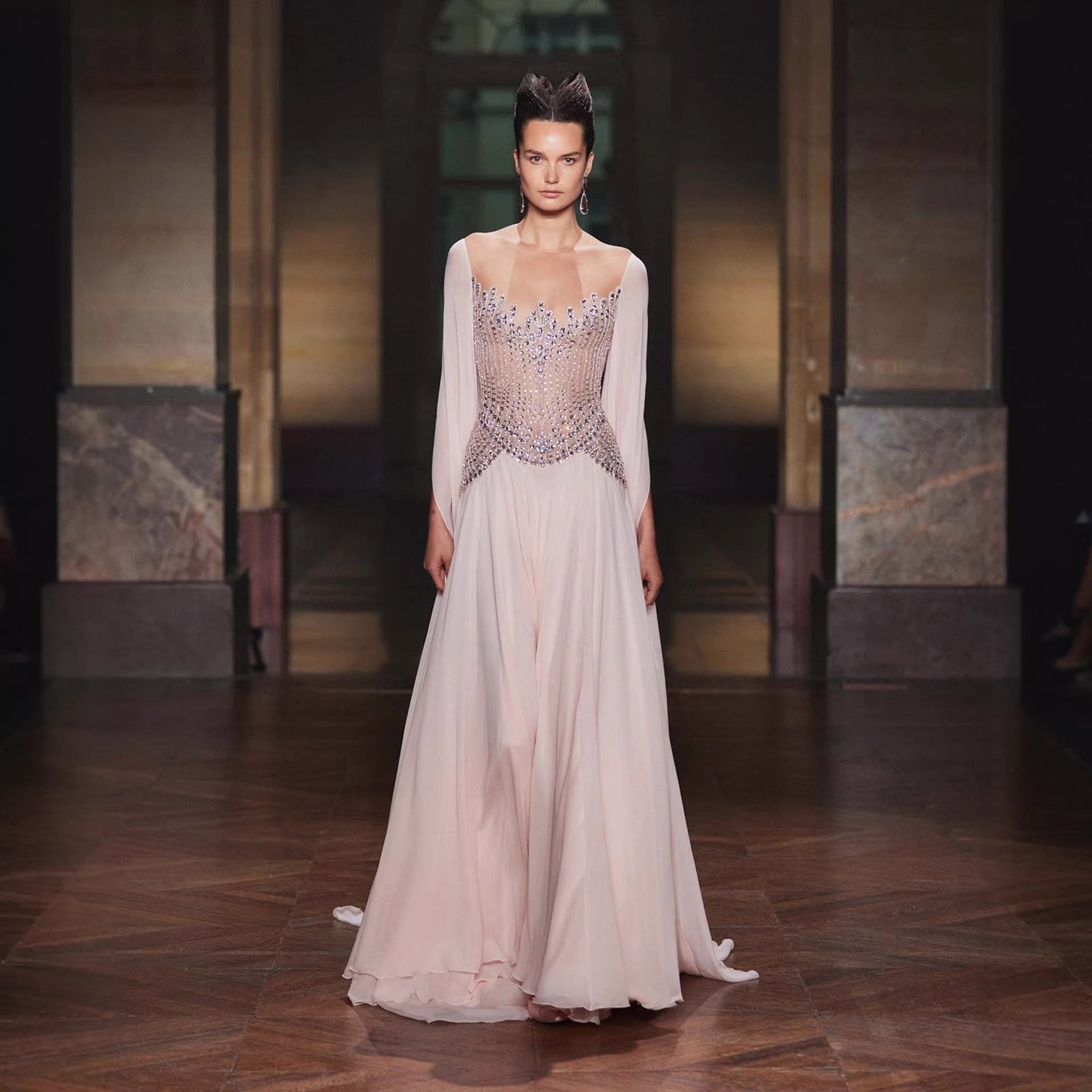 Luxury Nude Pink Crystal Beaded Evening Dress With Cape Sleeves CLA73543