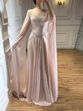 Luxury Nude Pink Crystal Beaded Evening Dress With Cape Sleeves CLA73543