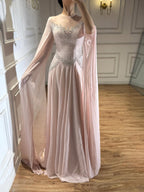 Luxury Nude Pink Crystal Beaded Evening Dress With Cape Sleeves CLA73543
