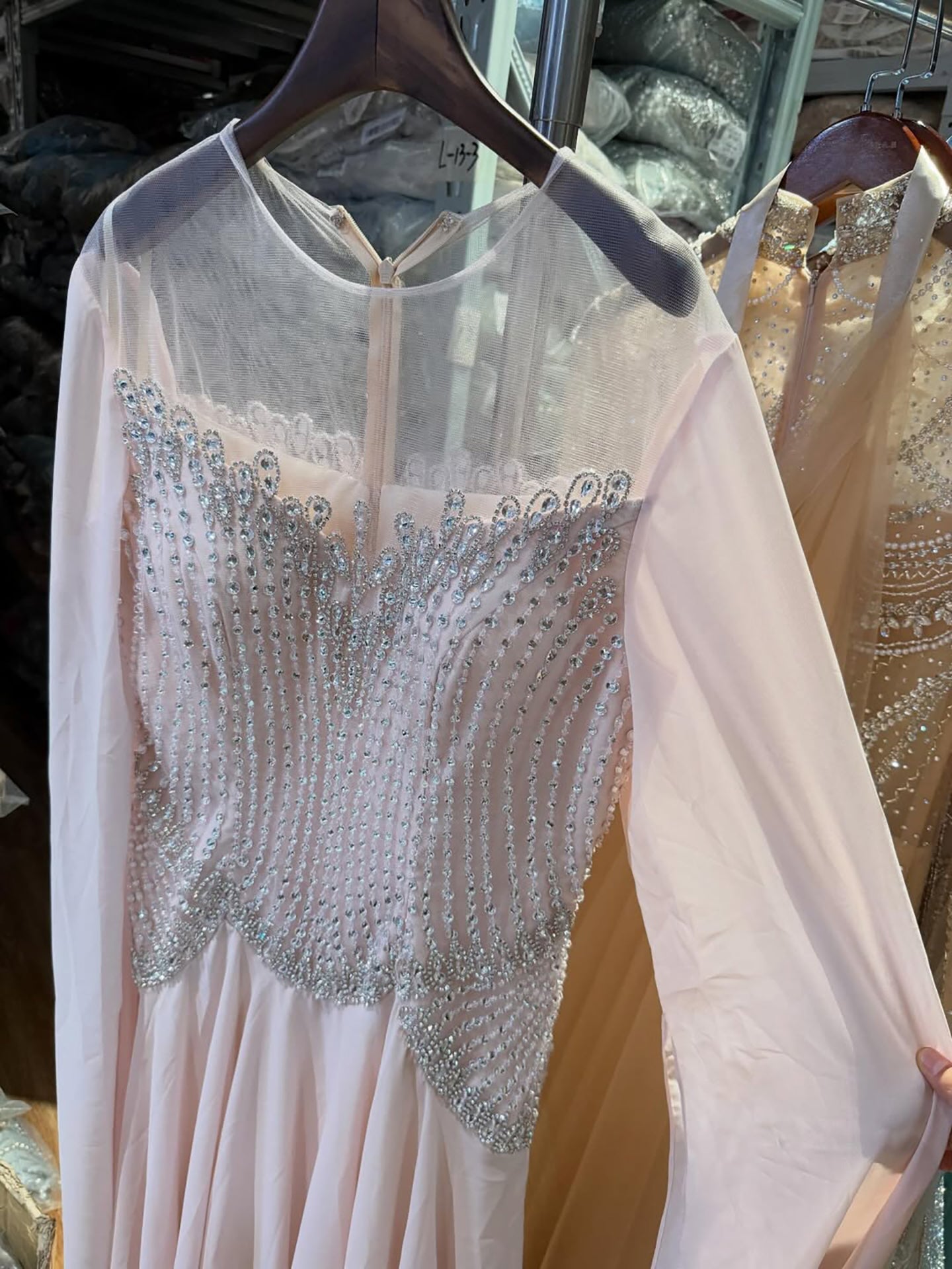 Luxury Nude Pink Crystal Beaded Evening Dress With Cape Sleeves CLA73543