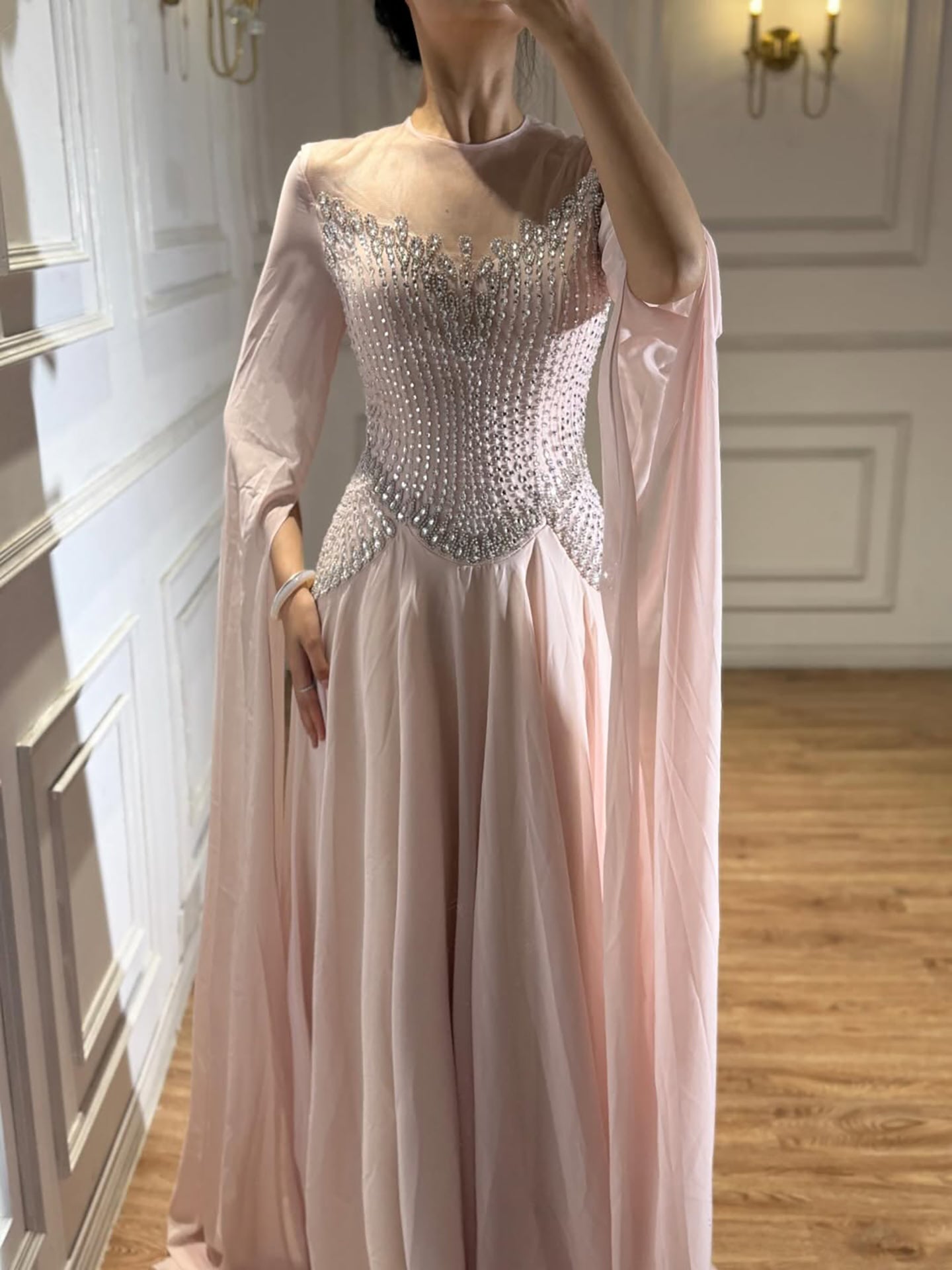 Luxury Nude Pink Crystal Beaded Evening Dress With Cape Sleeves CLA73543