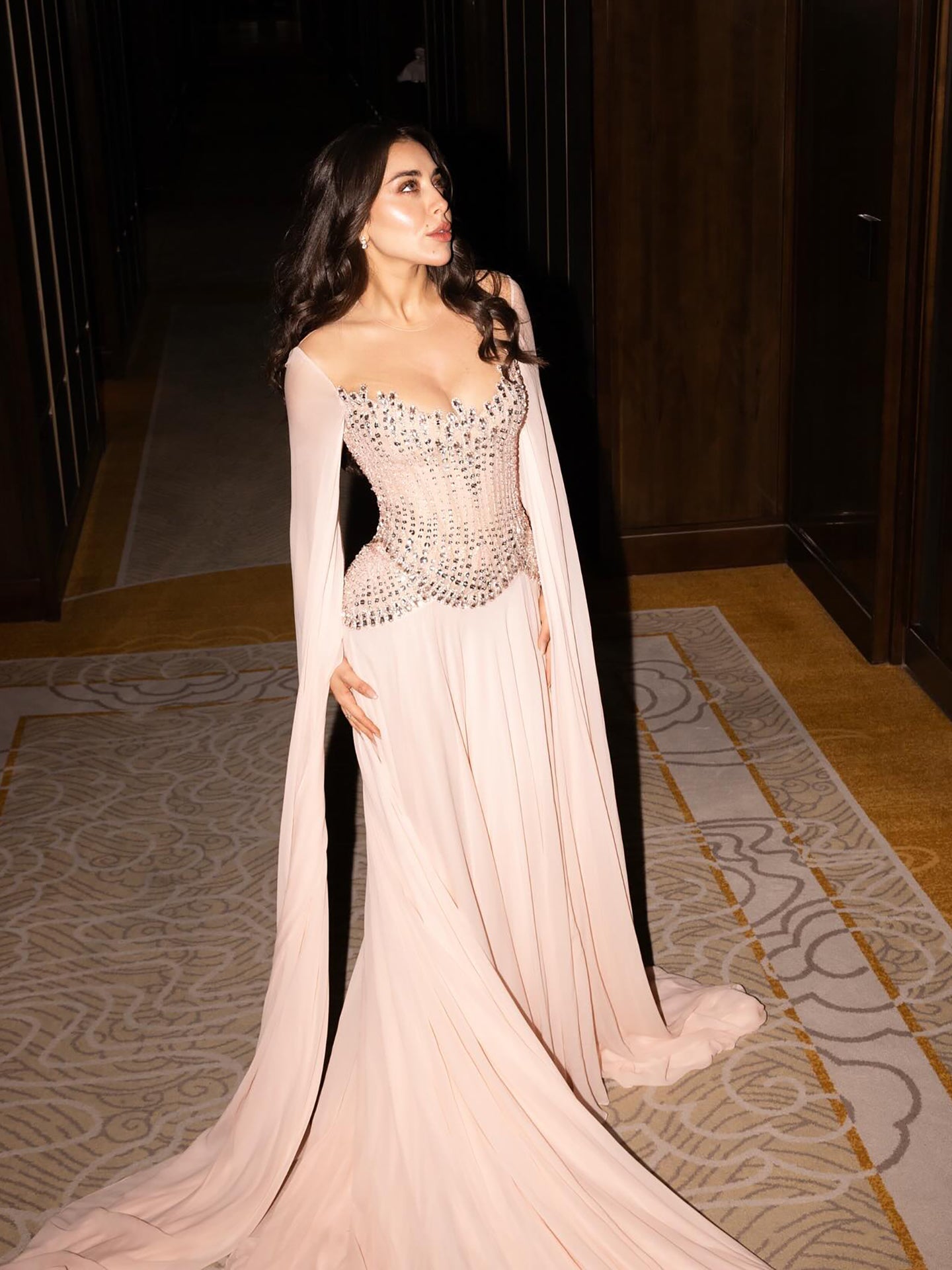 Luxury Nude Pink Crystal Beaded Evening Dress With Cape Sleeves CLA73543