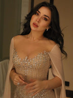 Luxury Nude Pink Crystal Beaded Evening Dress With Cape Sleeves CLA73543