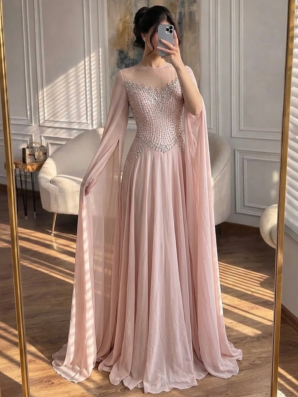 Luxury Nude Pink Crystal Beaded Evening Dress With Cape Sleeves CLA73543