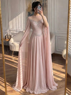 Luxury Nude Pink Crystal Beaded Evening Dress With Cape Sleeves CLA73543