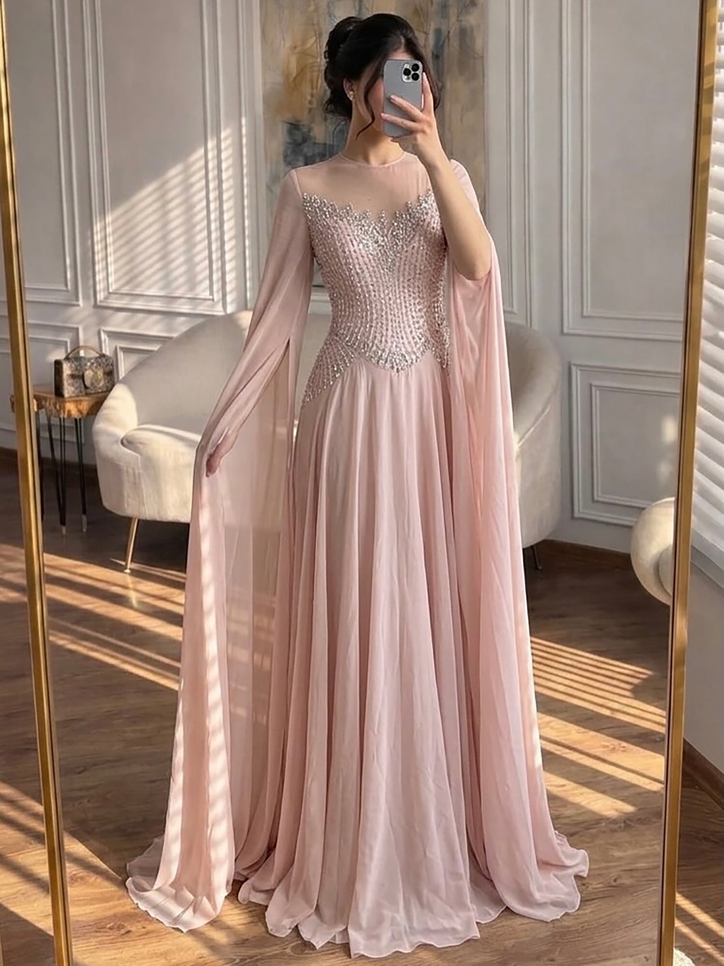 Luxury Nude Pink Crystal Beaded Evening Dress With Cape Sleeves CLA73543