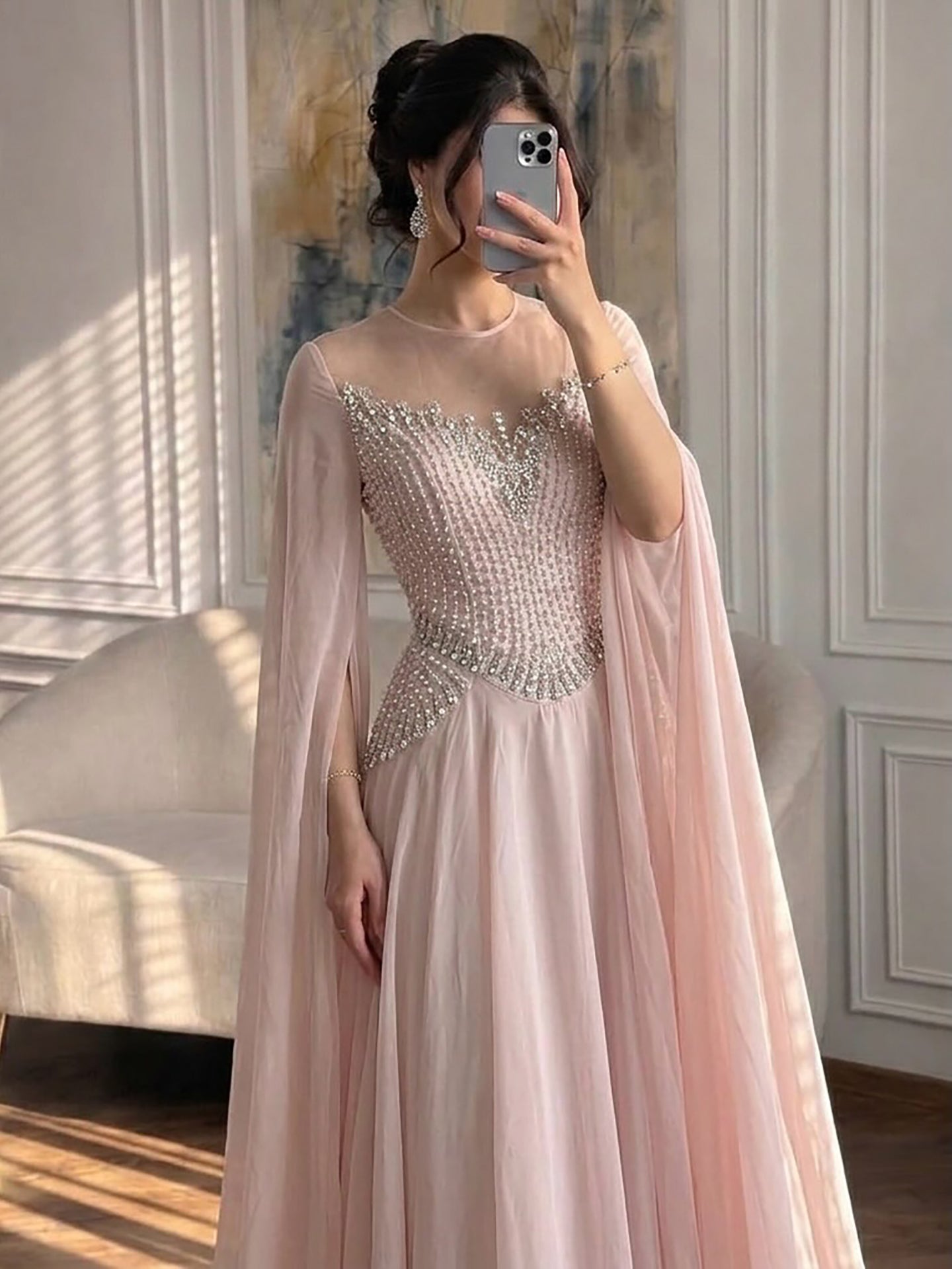Luxury Nude Pink Crystal Beaded Evening Dress With Cape Sleeves CLA73543