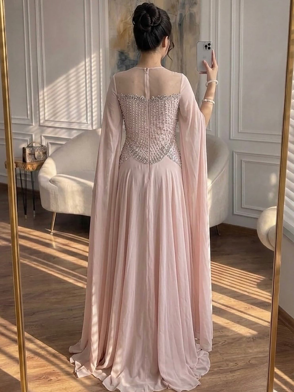 Luxury Nude Pink Crystal Beaded Evening Dress With Cape Sleeves CLA73543