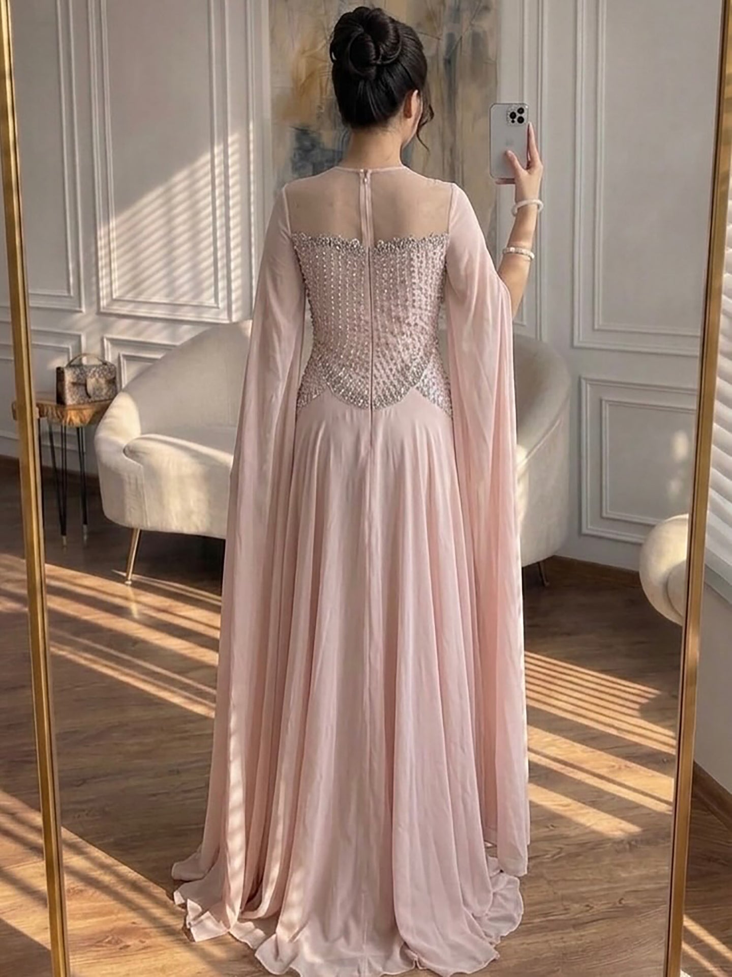 Luxury Nude Pink Crystal Beaded Evening Dress With Cape Sleeves CLA73543