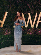 Luxury Blue Crystal Beaded Mermaid Evening Dress For Formal Wedding Party LA73544