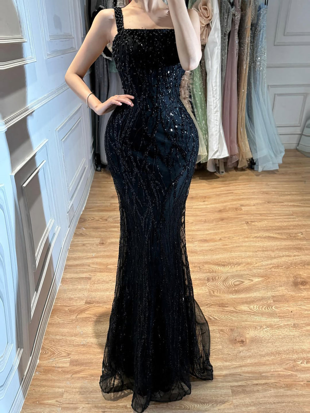 Luxury Black Square Neck Mermaid Evening Dress LA73545