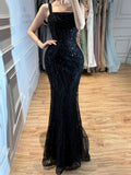 Luxury Black Square Neck Mermaid Evening Dress LA73545