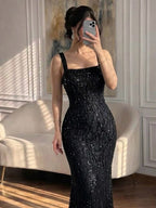 Luxury Black Square Neck Mermaid Evening Dress LA73545