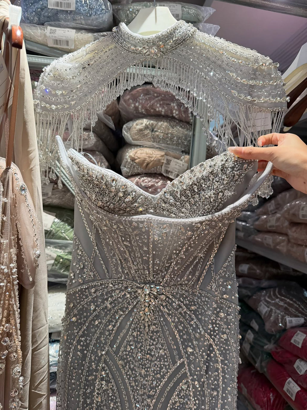 Luxury Caramel  Crystal Beaded Mermaid Off Shoulder Evening Dress CLA73686A