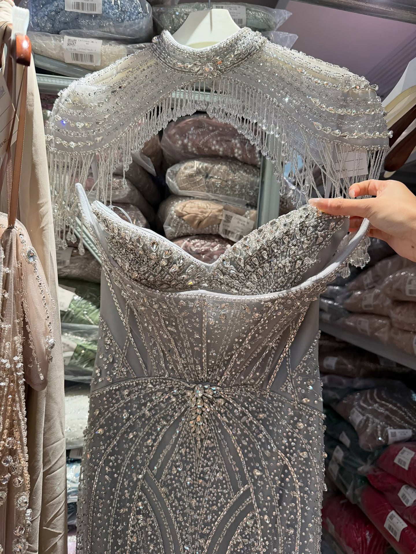 Luxury Caramel  Crystal Beaded Mermaid Off Shoulder Evening Dress CLA73686A