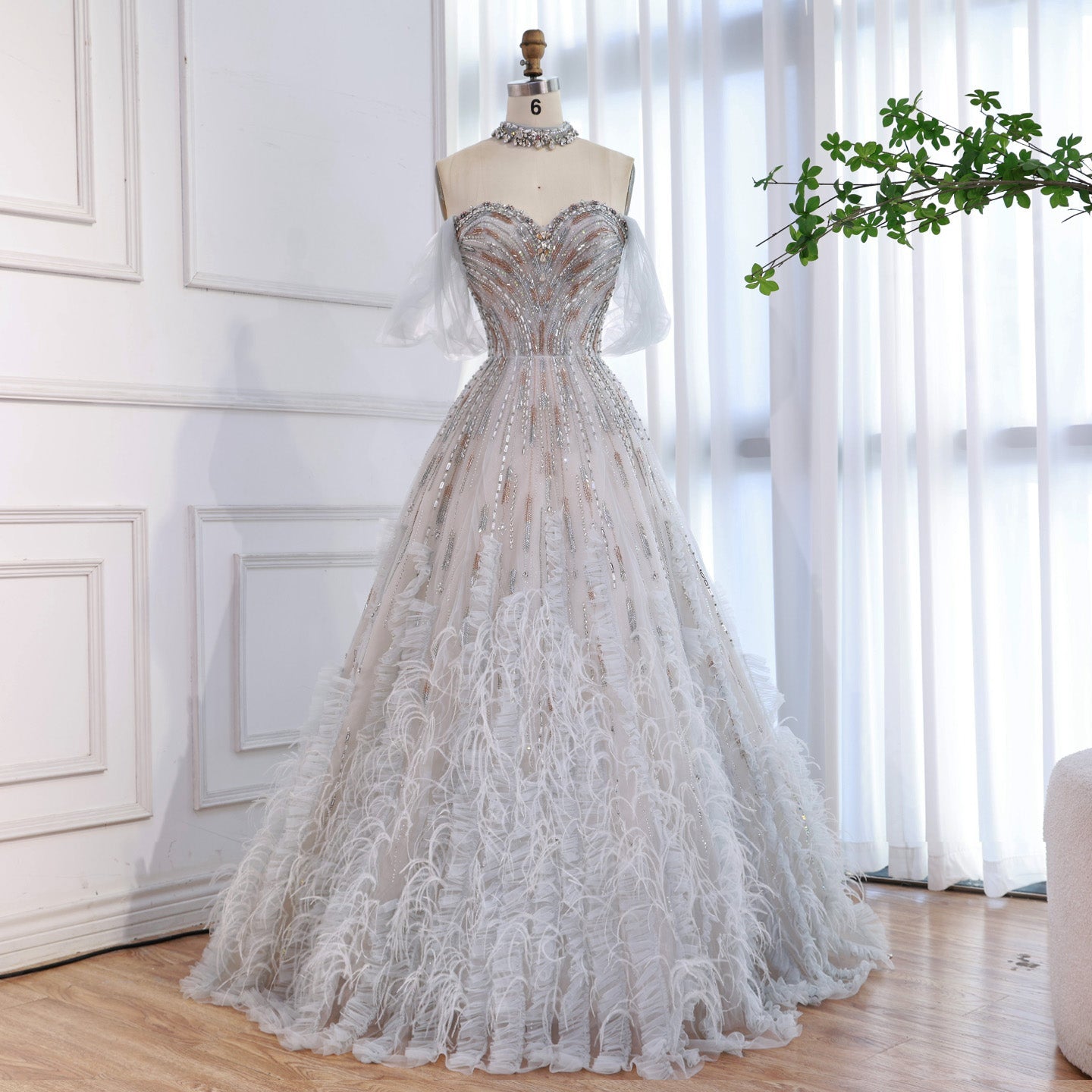 Luxury Blue Feather Beaded A Line Evening Dress LA73549